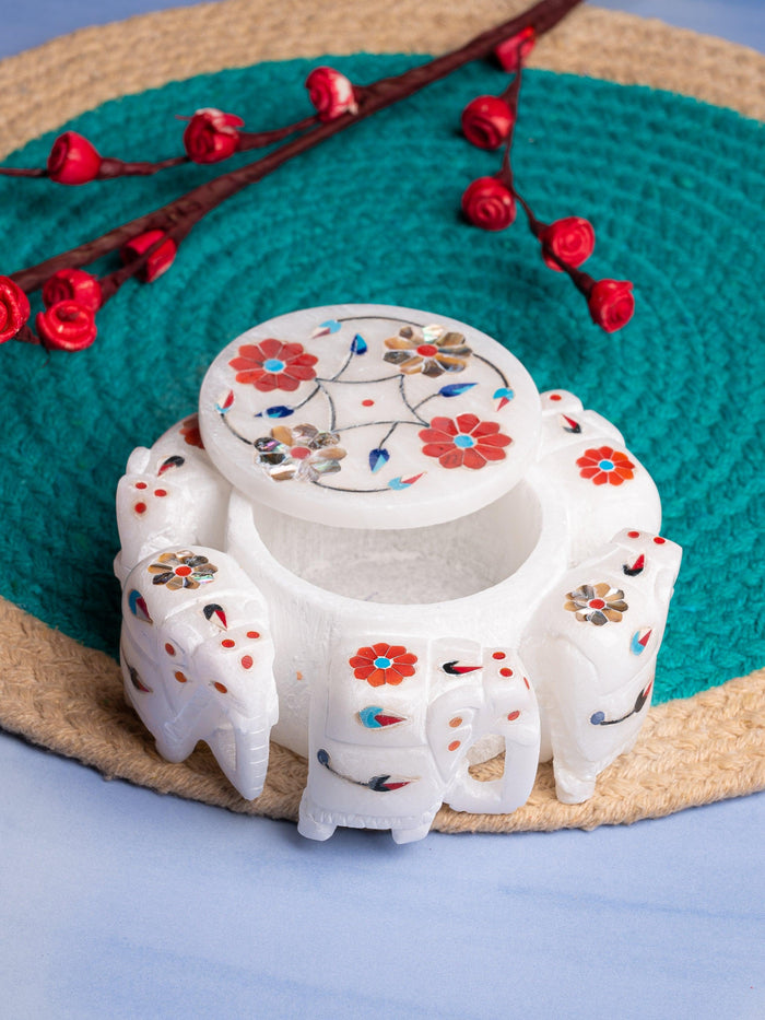 Marble elephant round jewellery box with beautiful inlay work - The Heritage Artifacts