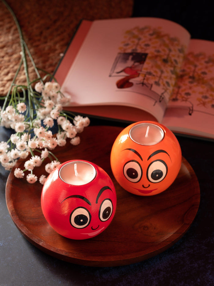 Colorful Smily Candle holder with Tea light Candles, Set of 2 - The Heritage Artifacts