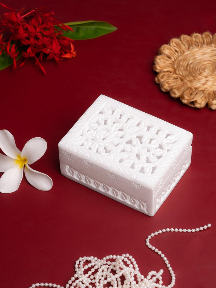 White marble jewellery box with jali carving - small size - The Heritage Artifacts