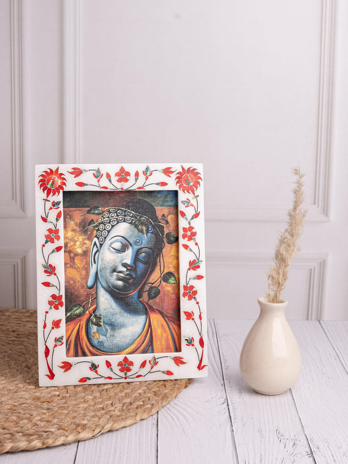 White marble photo / picture frame with inlay work - portrait view - The Heritage Artifacts