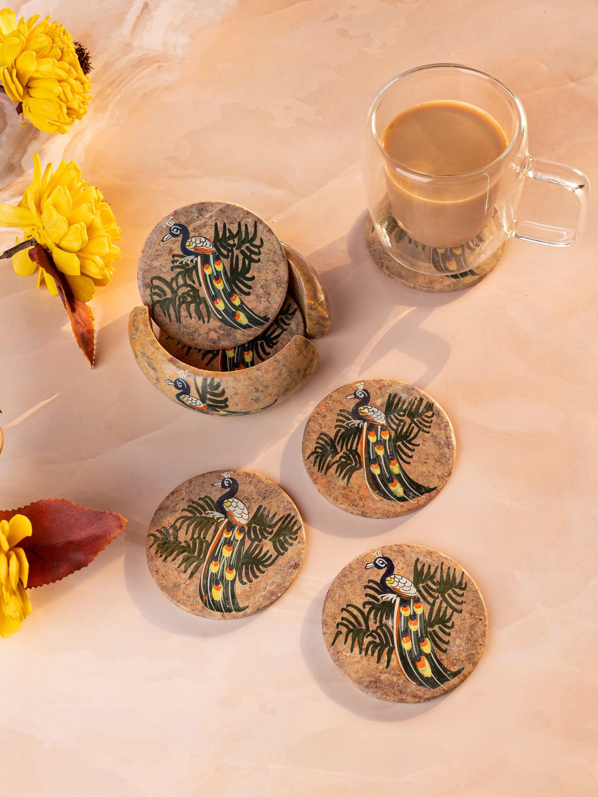6 pieces coaster set with holder made from yellow paleva stone - The Heritage Artifacts