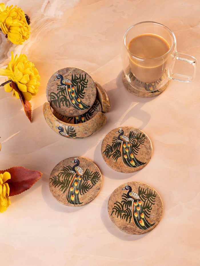 6 pieces coaster set with holder made from yellow paleva stone - The Heritage Artifacts