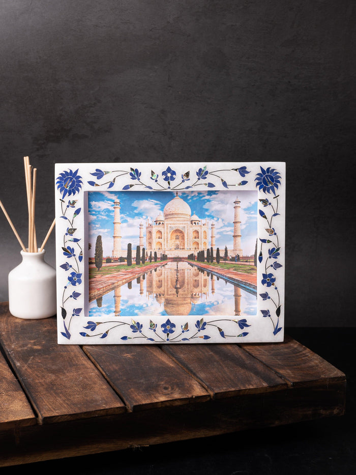 White marble photo / picture frame with inlay work - Landscape view - The Heritage Artifacts