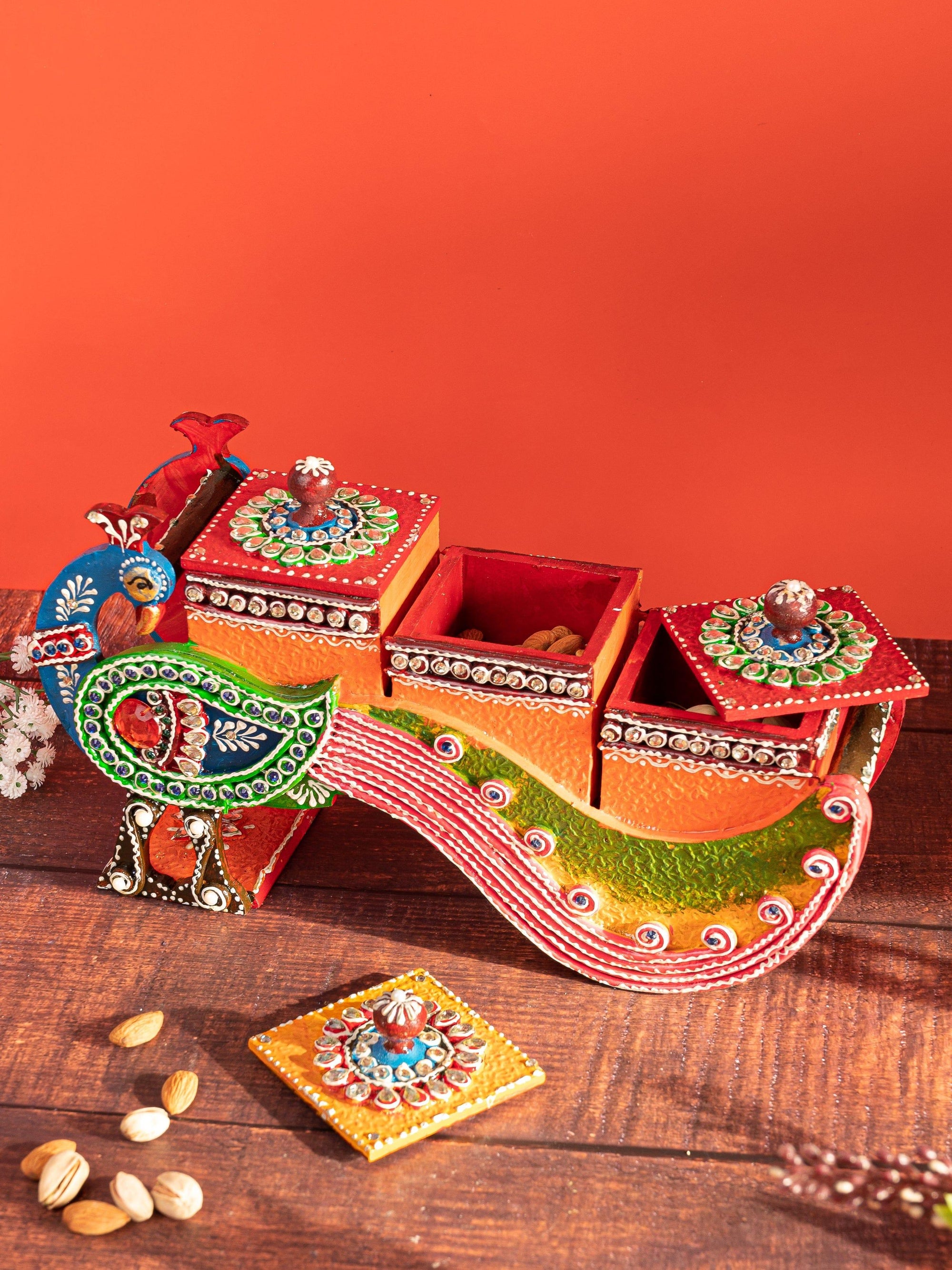 Meenakari Art Peacock Design Holder with 3 Containers for Storing Dry fruits / Spices / Mukhwas - The Heritage Artifacts