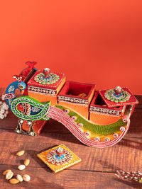 Meenakari Art Peacock Design Holder with 3 Containers for Storing Dry fruits / Spices / Mukhwas - The Heritage Artifacts