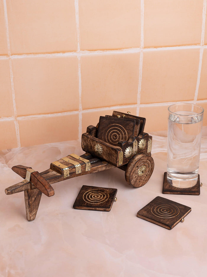 Wooden Bullock Cart Shaped Decorative & Functional Coaster Set – 6 Coasters +1 Holder - The Heritage Artifacts