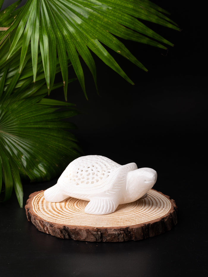 White marble turtle with decorative jali work - The Heritage Artifacts