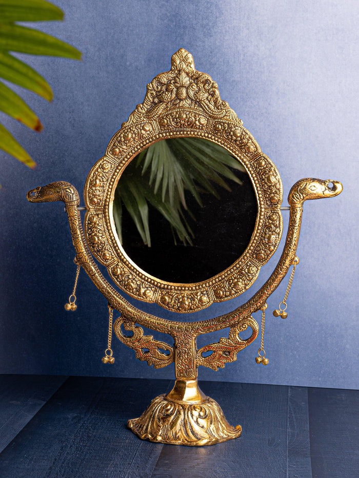 Royal Swinging Table Mirror in Antique Gold finish - 16 inches height - The Heritage Artifacts