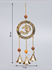 Brass Om design Wind Chime with 3 Bells and Rudraksha beads - 28 cm long with chain - The Heritage Artifacts