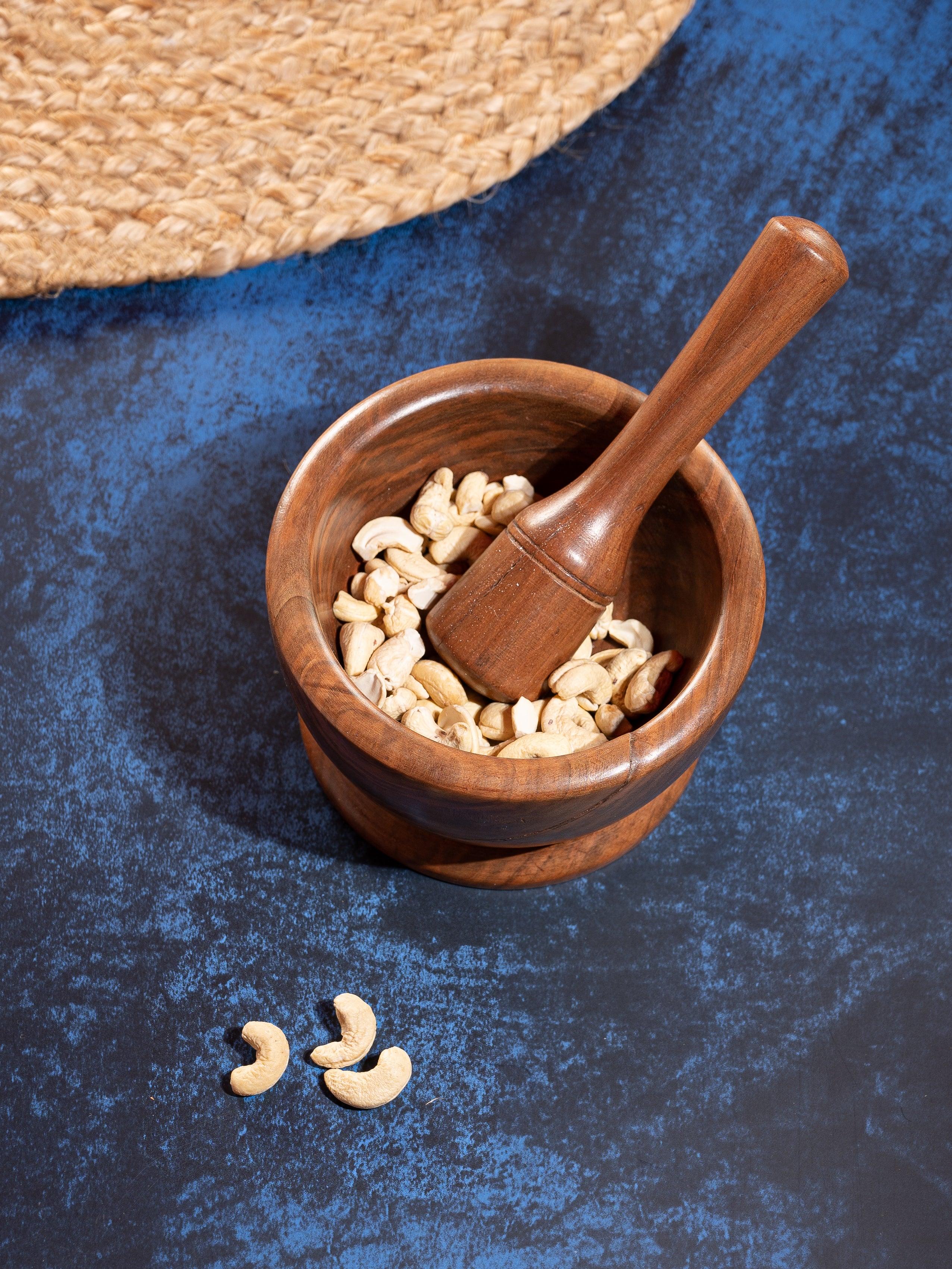 Walnut wood carved Okhli Musal / Mortar Pestle set