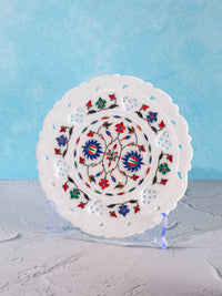 Marble decor plate with red and blue floral inlay work - 9 inches - The Heritage Artifacts
