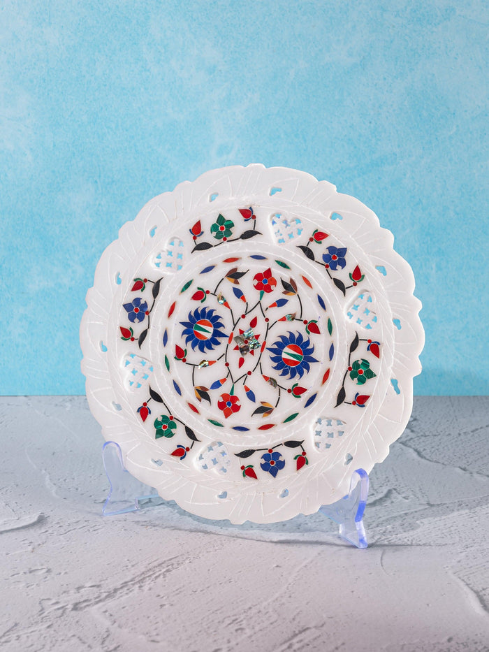 Marble decor plate with red and blue floral inlay work - 9 inches - The Heritage Artifacts