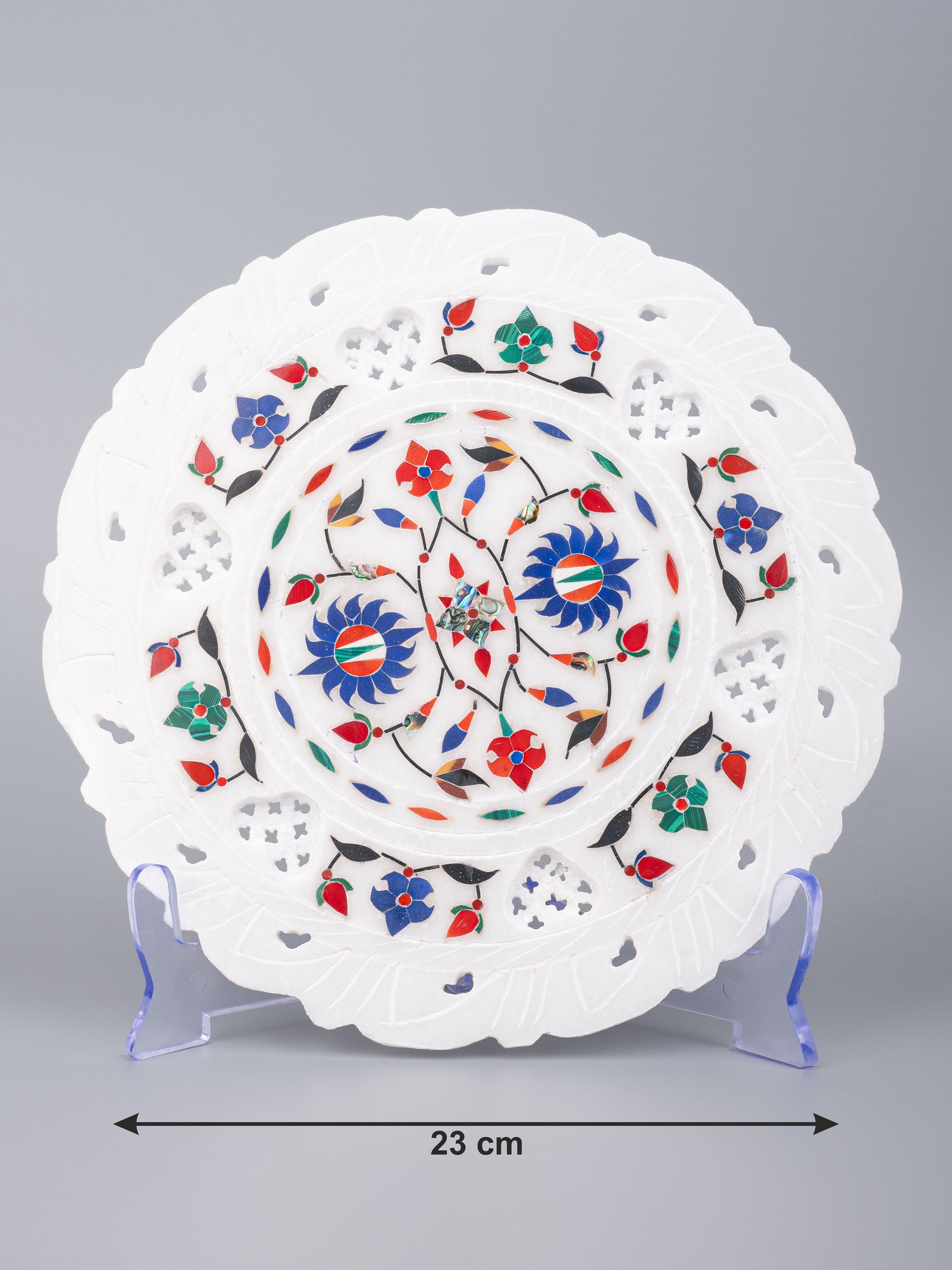 Marble decor plate with red and blue floral inlay work - 9 inches - The Heritage Artifacts