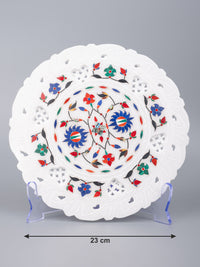 Marble decor plate with red and blue floral inlay work - 9 inches - The Heritage Artifacts