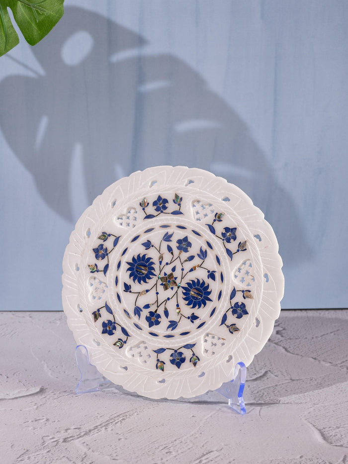 Marble décor plate with intricate blue floral inlay work - 9 inches - The Heritage Artifacts