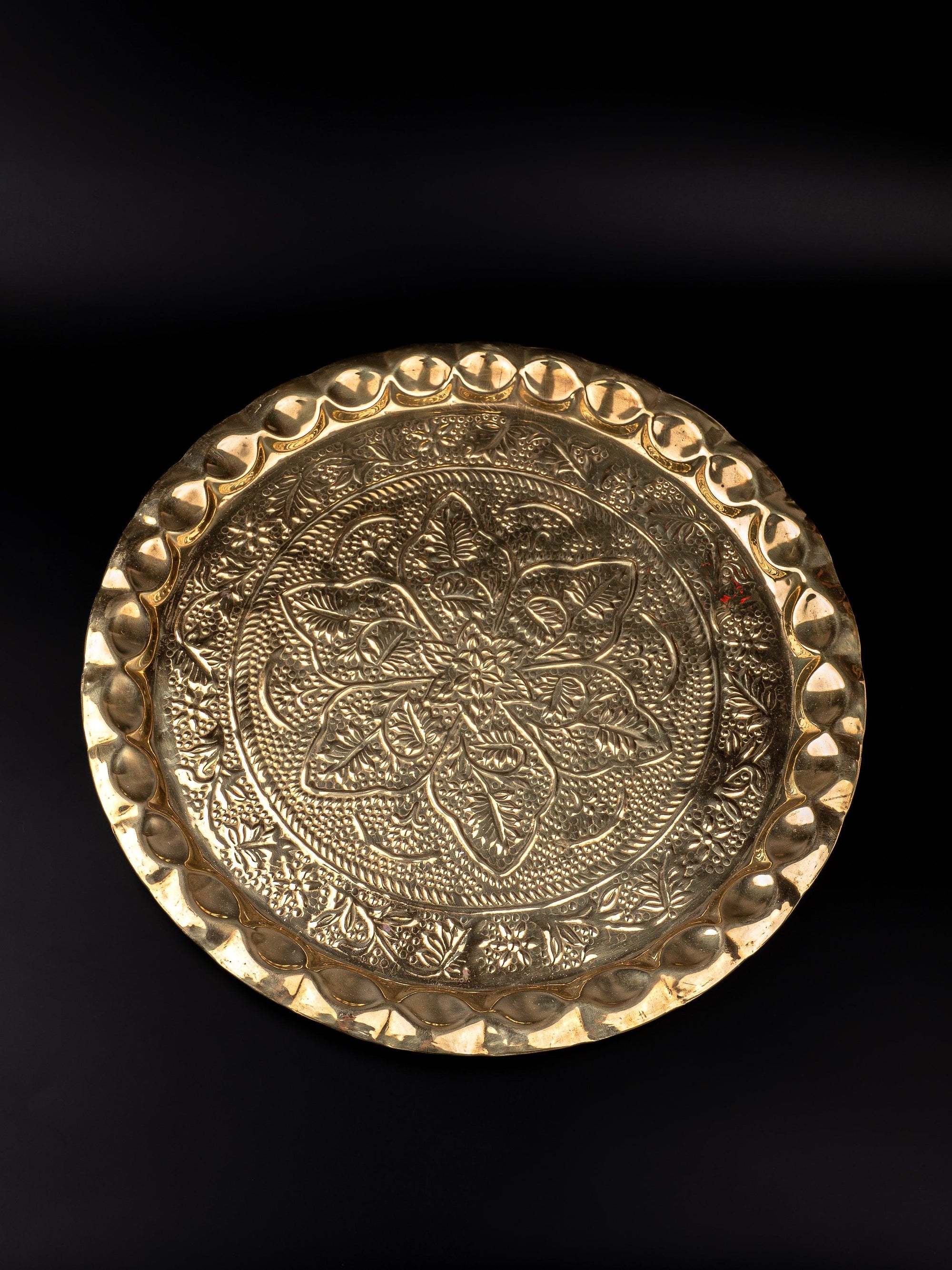 Hammered Brass Plate with Traditional design for Ceremonial use - 14 inches diameter - The Heritage Artifacts