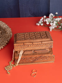 Walnut wood Rectangle Jewellery box with floral motif carving on top - 6x4 inches - The Heritage Artifacts