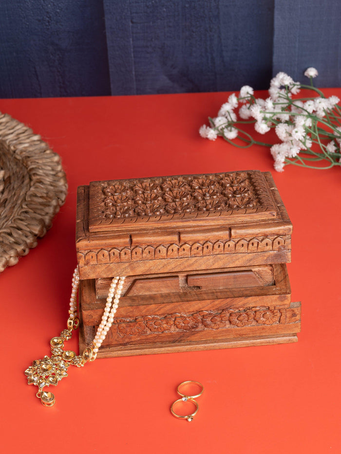 Walnut wood Rectangle Jewellery box with floral motif carving on top - 6x4 inches - The Heritage Artifacts