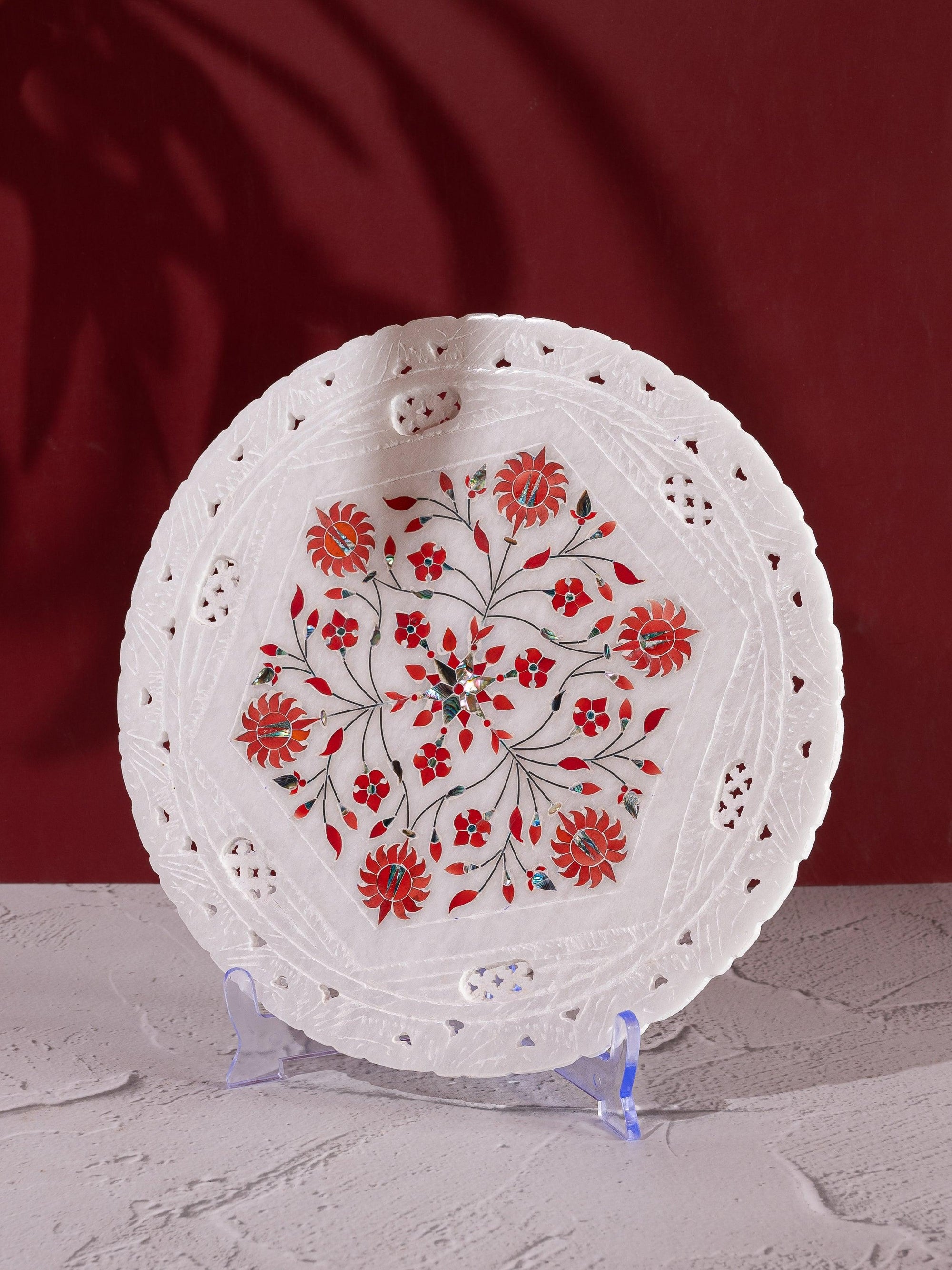 Marble décor plate with jali work and red floral inlay work - 12 inches - The Heritage Artifacts