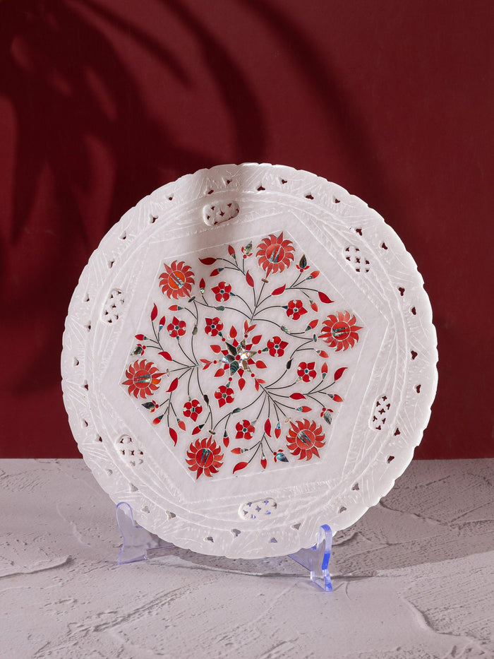 Marble décor plate with jali work and red floral inlay work - 12 inches - The Heritage Artifacts