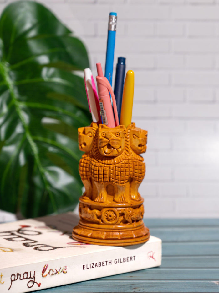Kadam wood carved Ashok Stambh Pen / Pencil holder - 4 inches height - The Heritage Artifacts