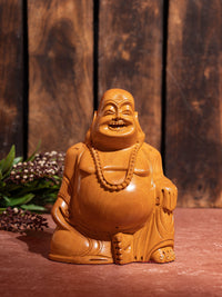 Laughing Buddha statue carved in kadam wood - 6 inches height - The Heritage Artifacts