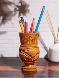 Hand carved Pen / Pencil holder made of Kadam wood - 5 inches height - The Heritage Artifacts
