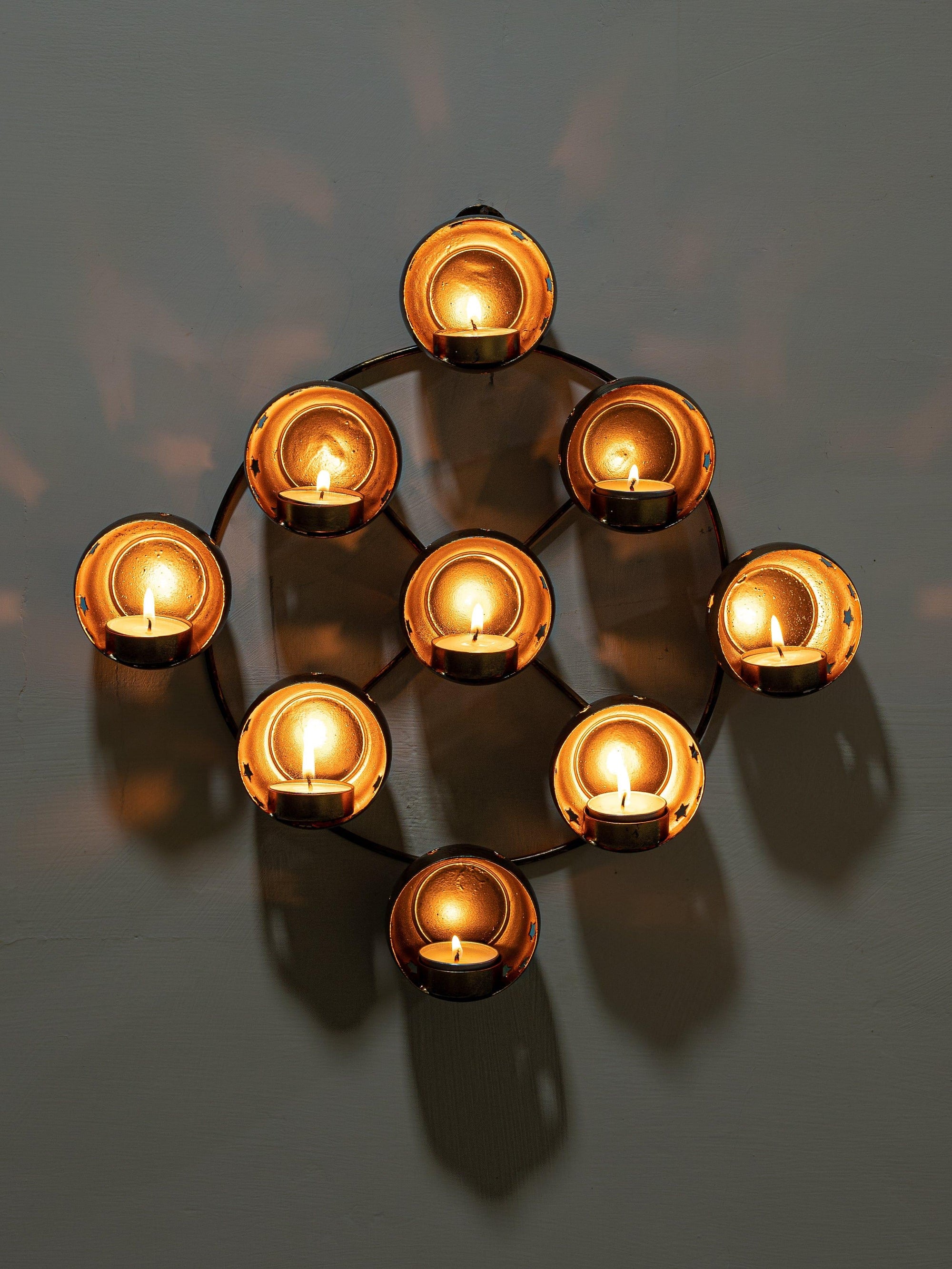 Metal Crafted Wall Mounted 9 unit Tea Light Candle Holder - The Heritage Artifacts