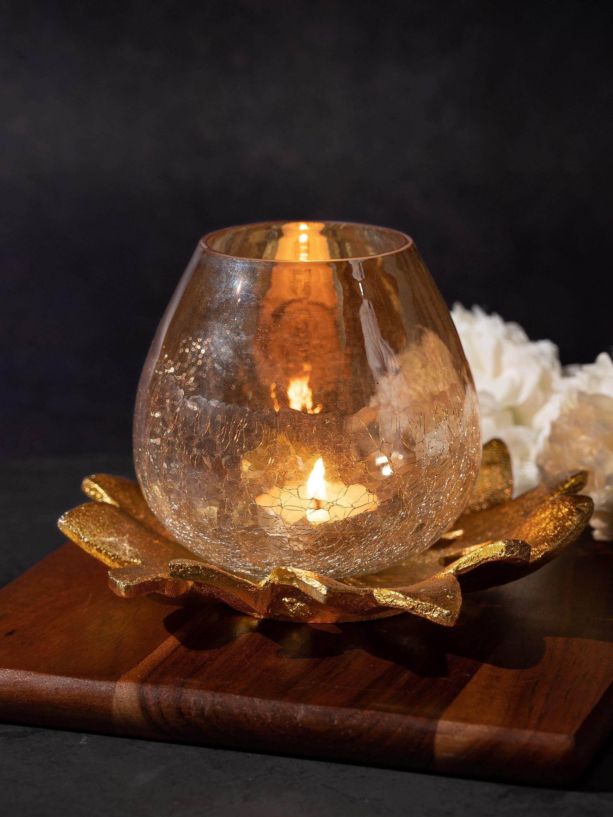 Lotus Shaped Crackled Glass Tea Light Candle Holder with Metal Base - The Heritage Artifacts