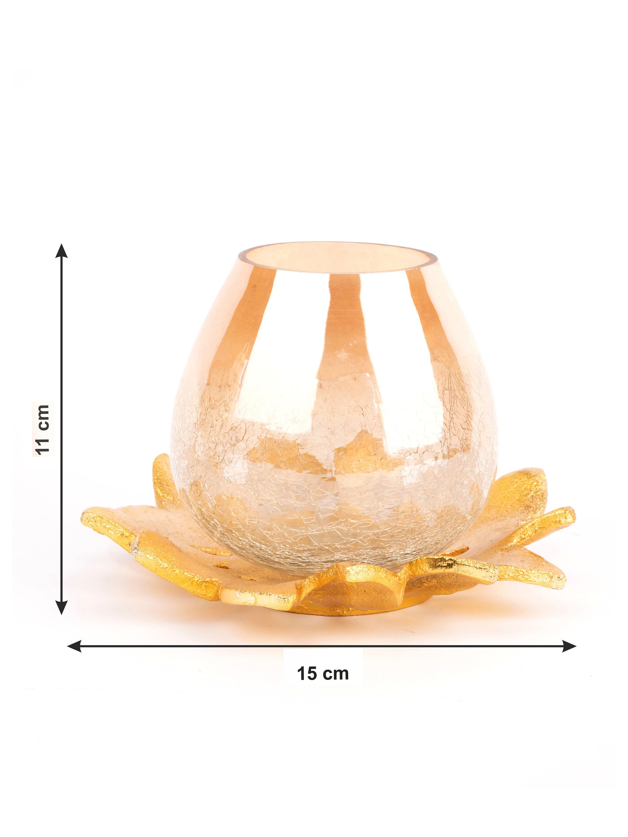 Lotus Shaped Crackled Glass Tea Light Candle Holder with Metal Base - The Heritage Artifacts