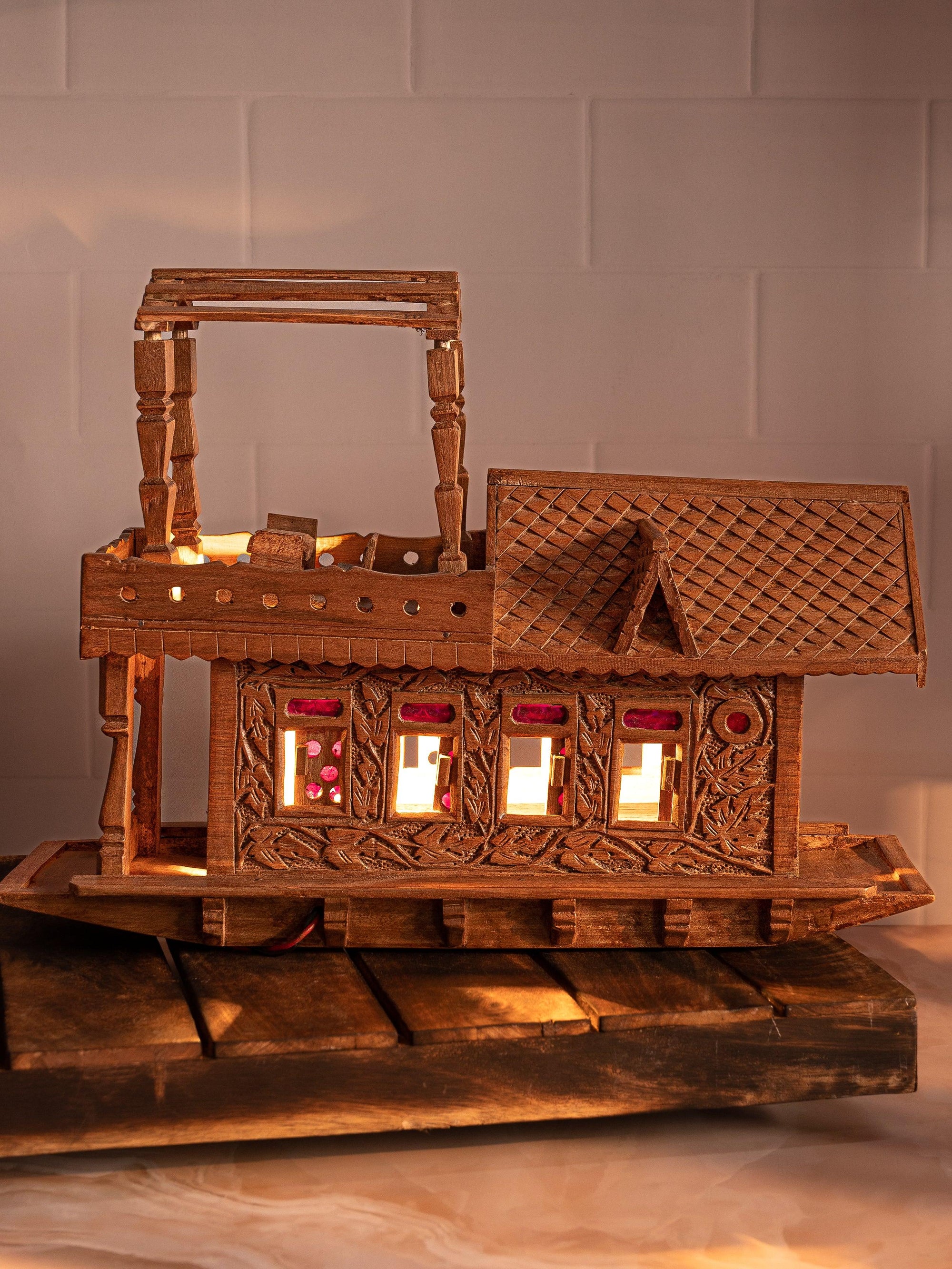 Walnut wood carved Kashmir House Boat with Lights - 18 inches long - The Heritage Artifacts