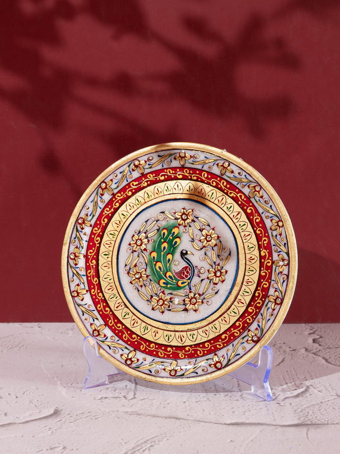 9 inches decorative marble plate with red and yellow meenakari painting - The Heritage Artifacts