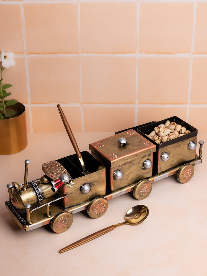 Metal Crafted Train Design Dry Fruit Holder with 3 Compartments - The Heritage Artifacts