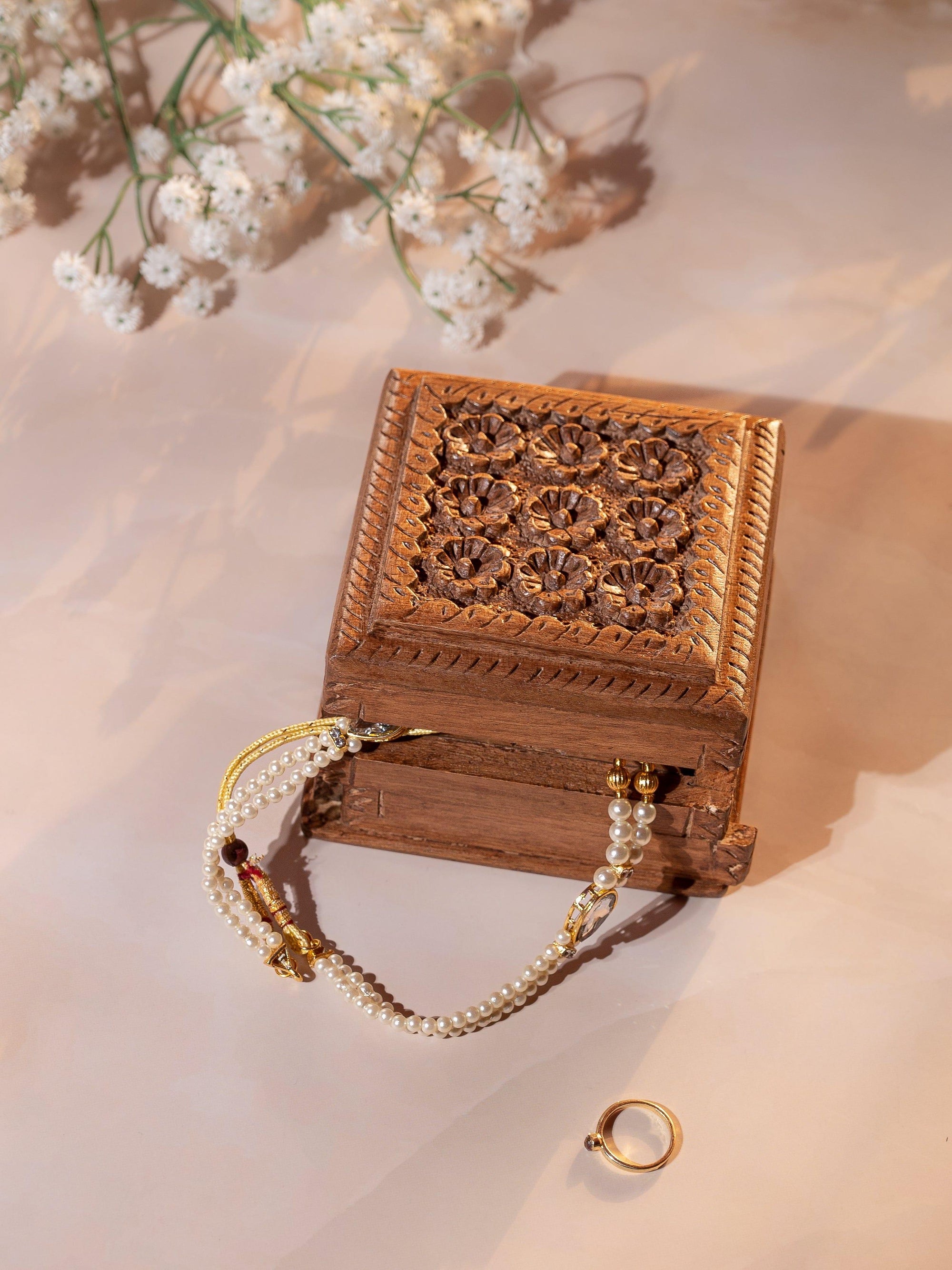 Walnut wood hand carved Jewellery box with floral motifs on top - 4x4 inches - The Heritage Artifacts