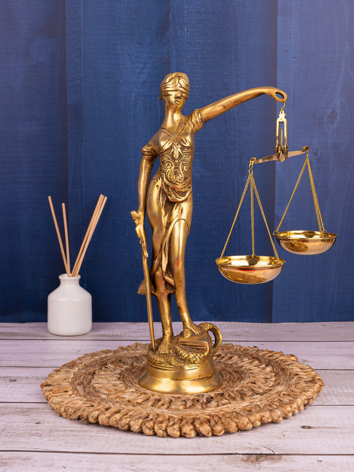 Themis Goddess of Justice Statue / Blind Folded Justice Lady - Made of Brass with antique finish - 14 inches height - The Heritage Artifacts