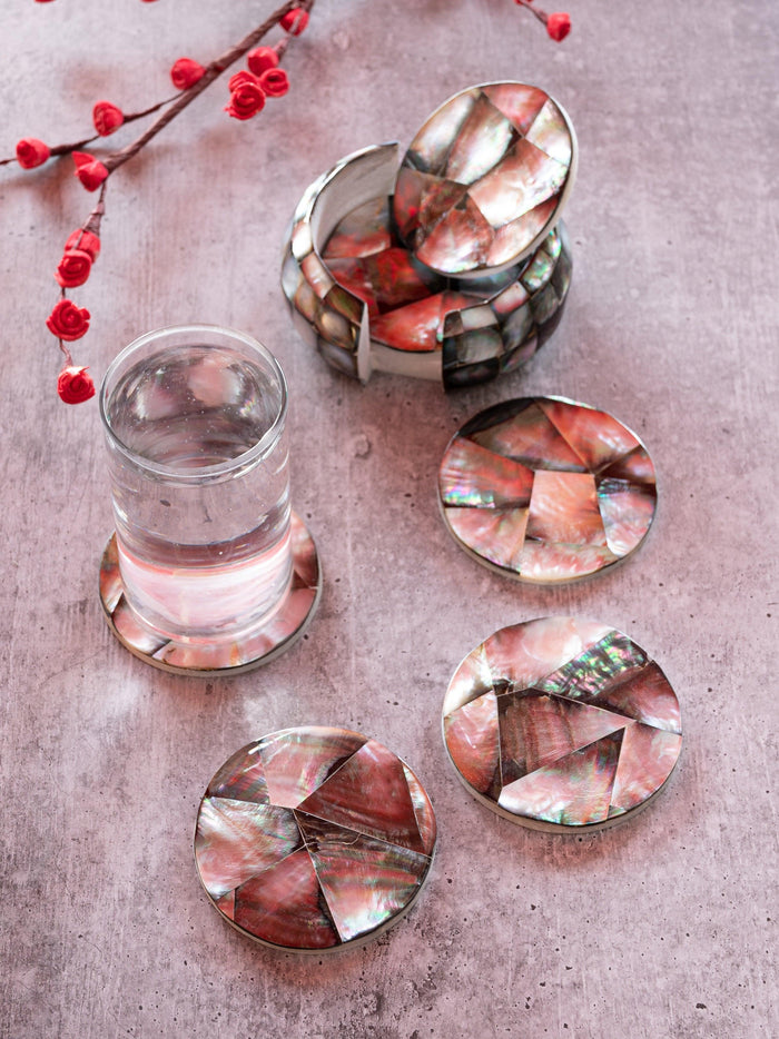 6 pieces coaster set made of marble and mother of pearl - The Heritage Artifacts