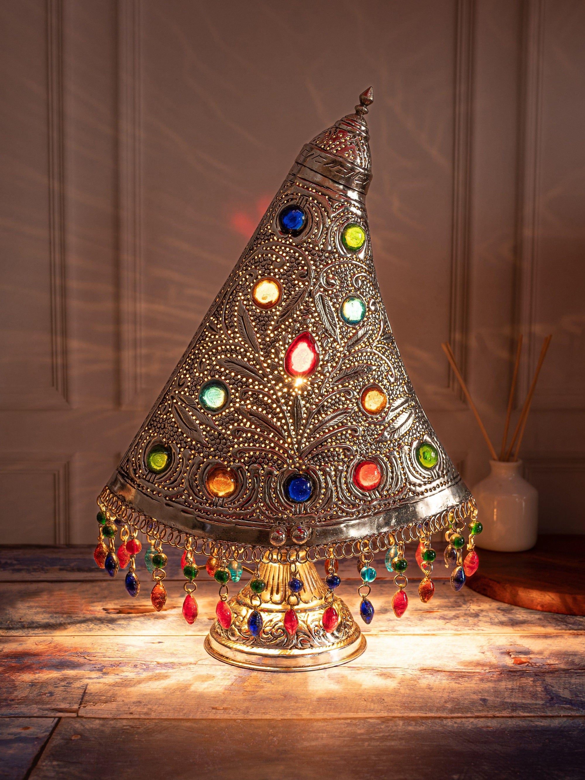 Conical Metal Table Lamp Embellished with Colorful Stones - 16 inches height - The Heritage Artifacts