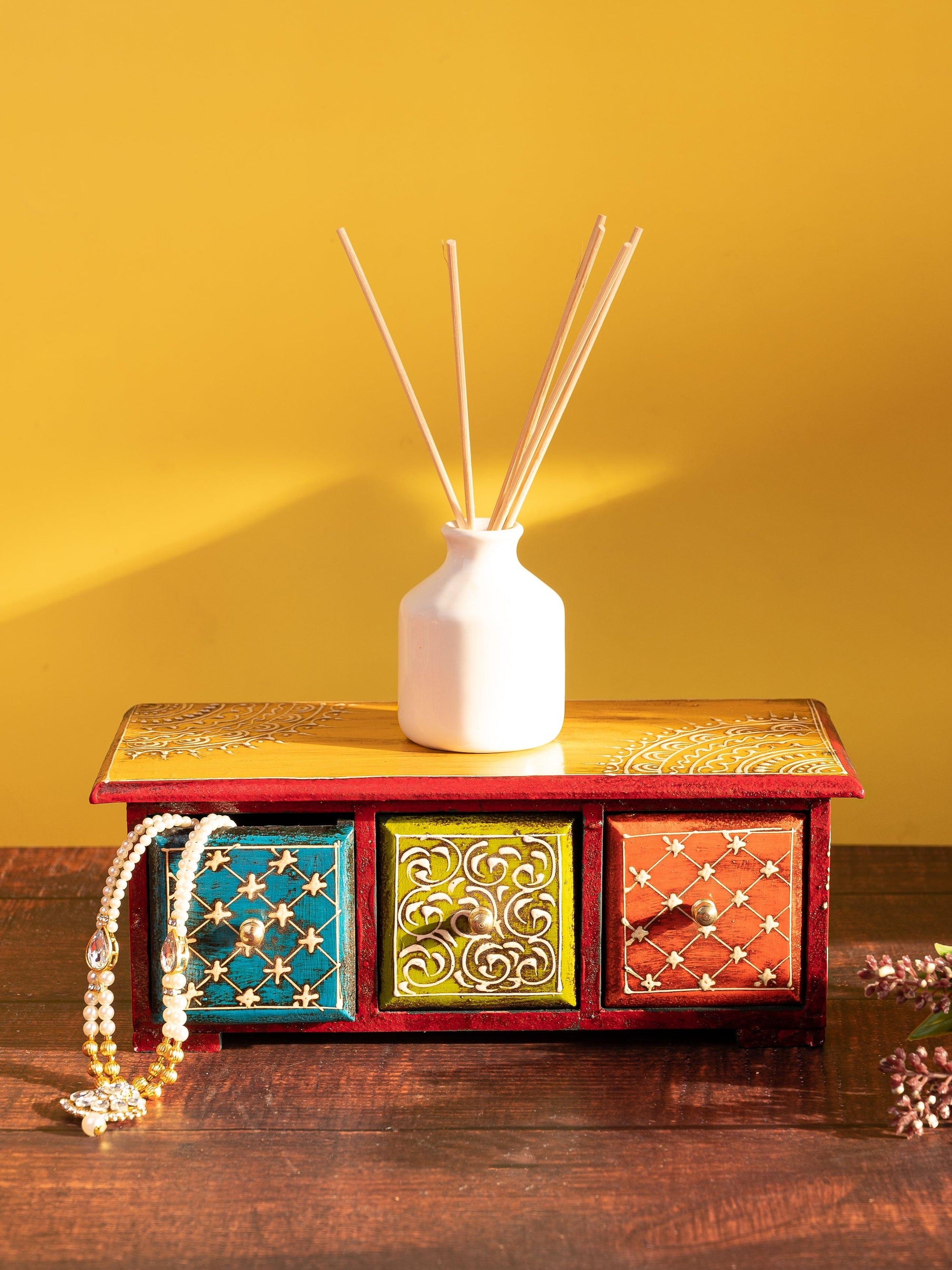 Wooden Multicolor Hand Painted 3 Drawers Storage Box - The Heritage Artifacts