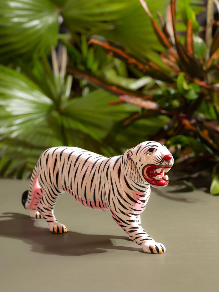 White Metal Tiger Figurine for Home Office Decor, 9 inches long - The Heritage Artifacts