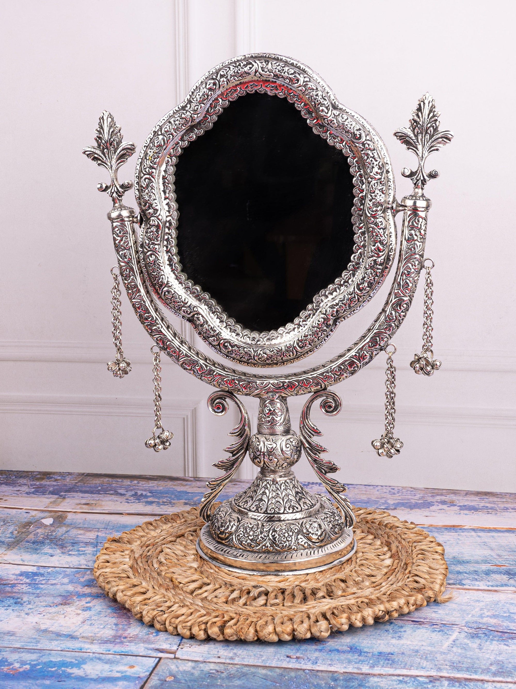 Metal Crafted Classic Design Vanity Mirror with Antique Silver Finish - The Heritage Artifacts