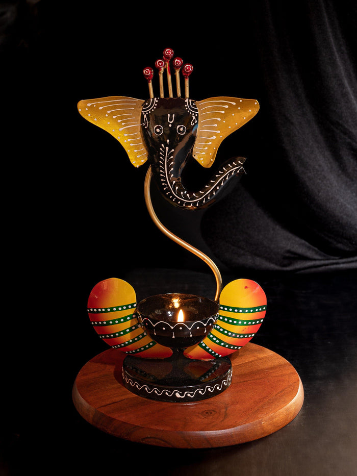 Handcrafted Metal Ganesh Tea light Holder in Black Color - 12 inches height - The Heritage Artifacts