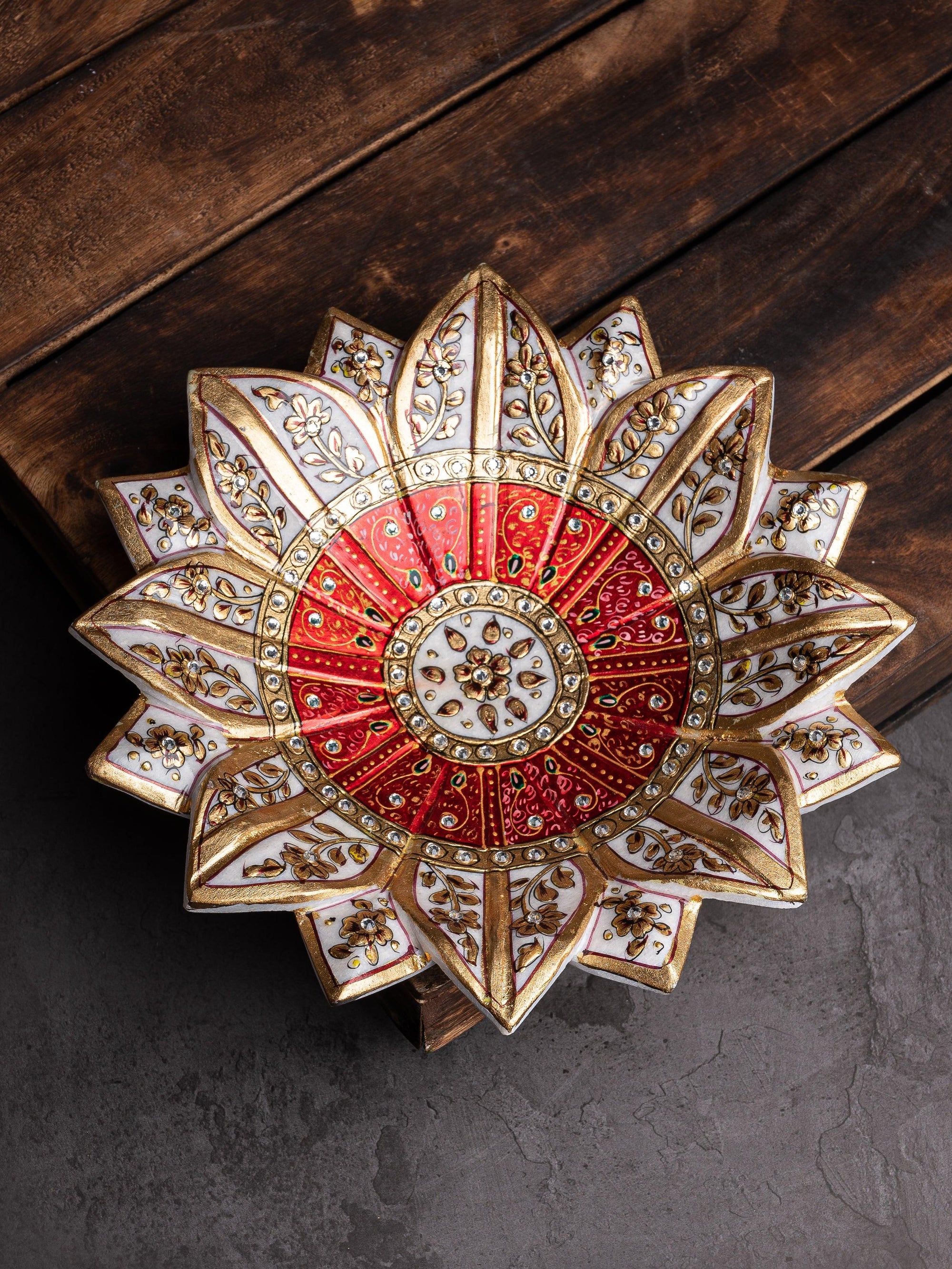 9 inches marble lotus plate painted in red and gold color - The Heritage Artifacts