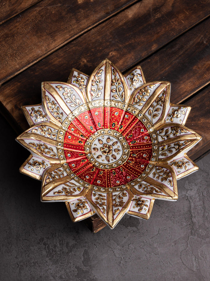 9 inches marble lotus plate painted in red and gold color - The Heritage Artifacts