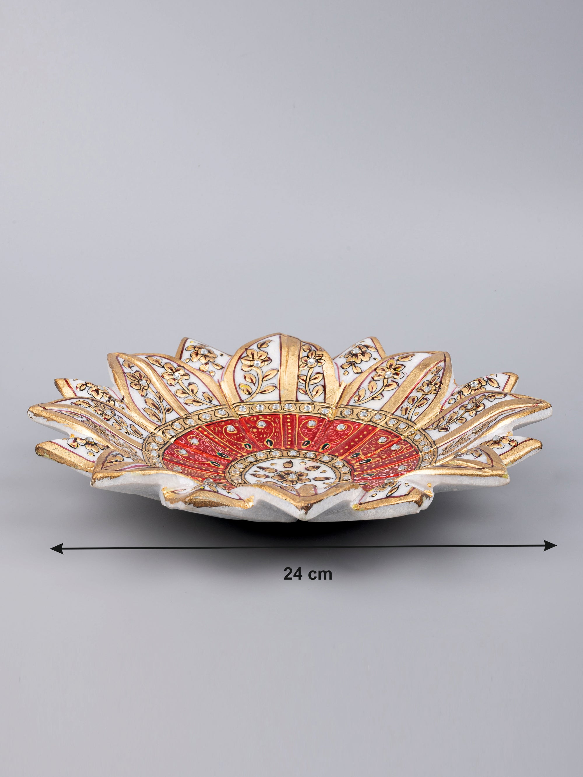 9 inches marble lotus plate painted in red and gold color - The Heritage Artifacts