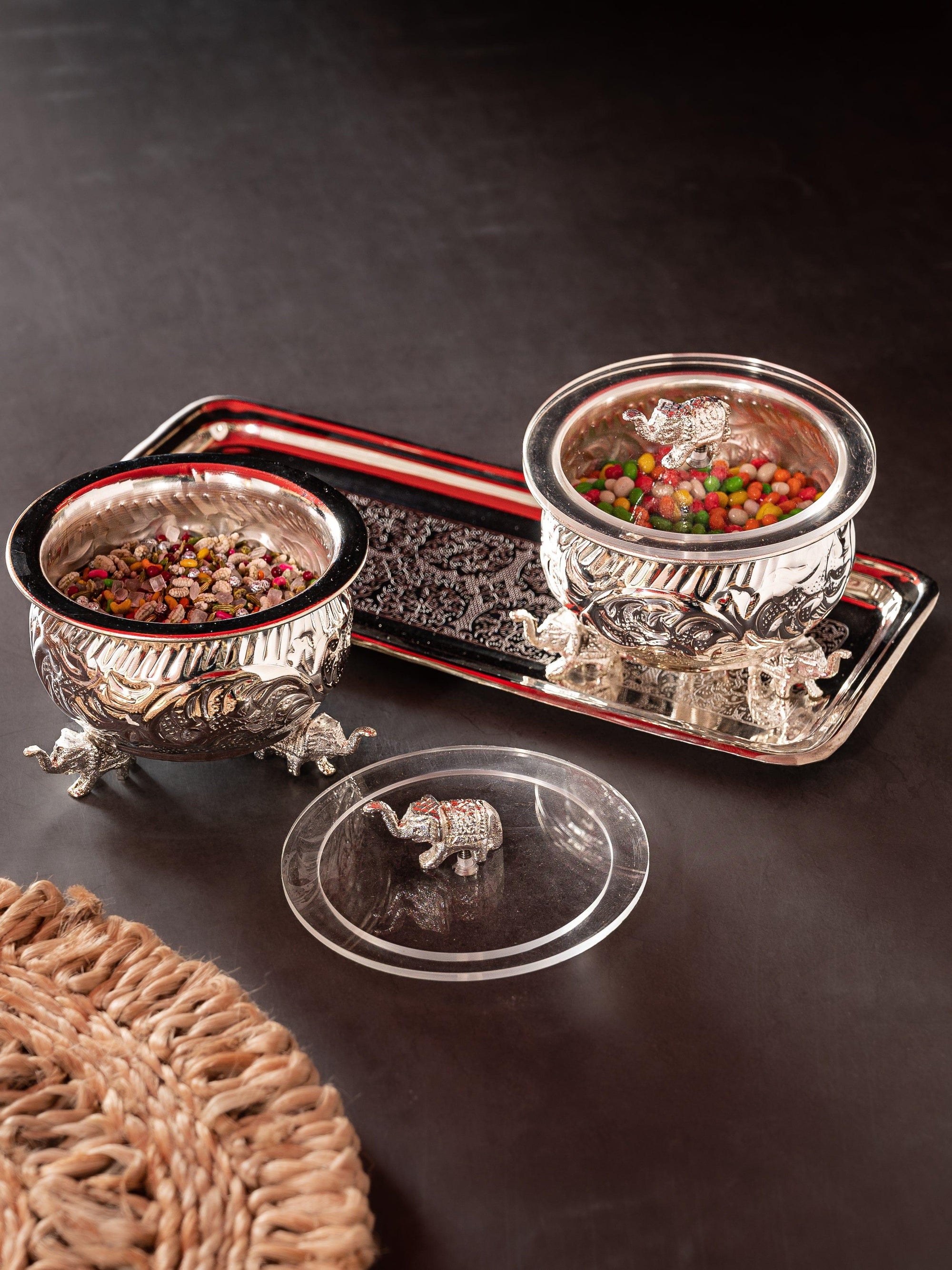 Silver Finish Set of 2 Serving Bowl on a Tray - The Heritage Artifacts