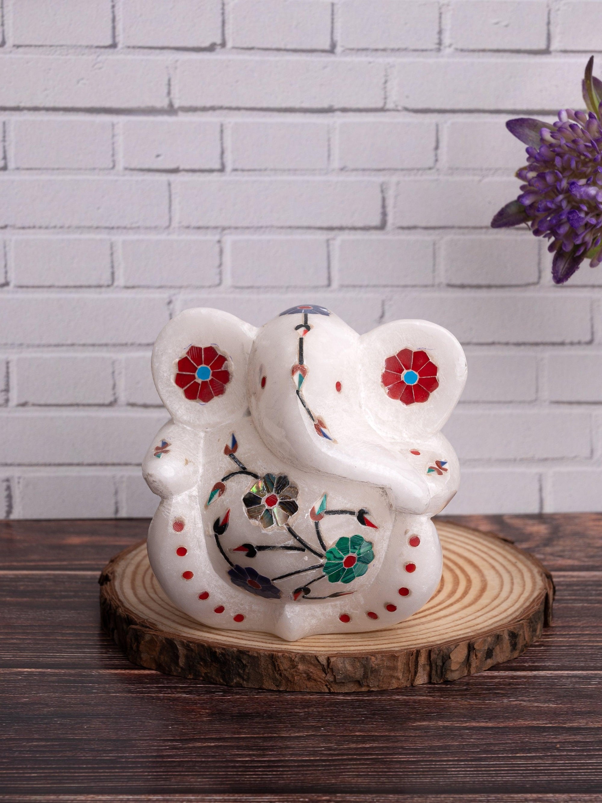 Designer statue of Lord Ganesha in white marble with inlay craft - The Heritage Artifacts