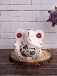 Designer statue of Lord Ganesha in white marble with inlay craft - The Heritage Artifacts