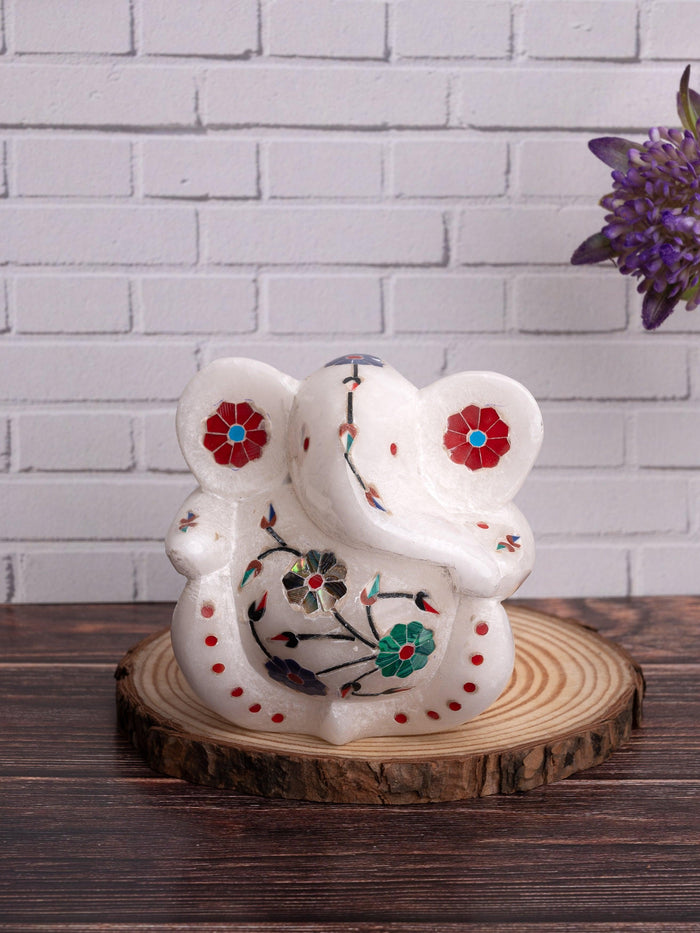 Designer statue of Lord Ganesha in white marble with inlay craft - The Heritage Artifacts