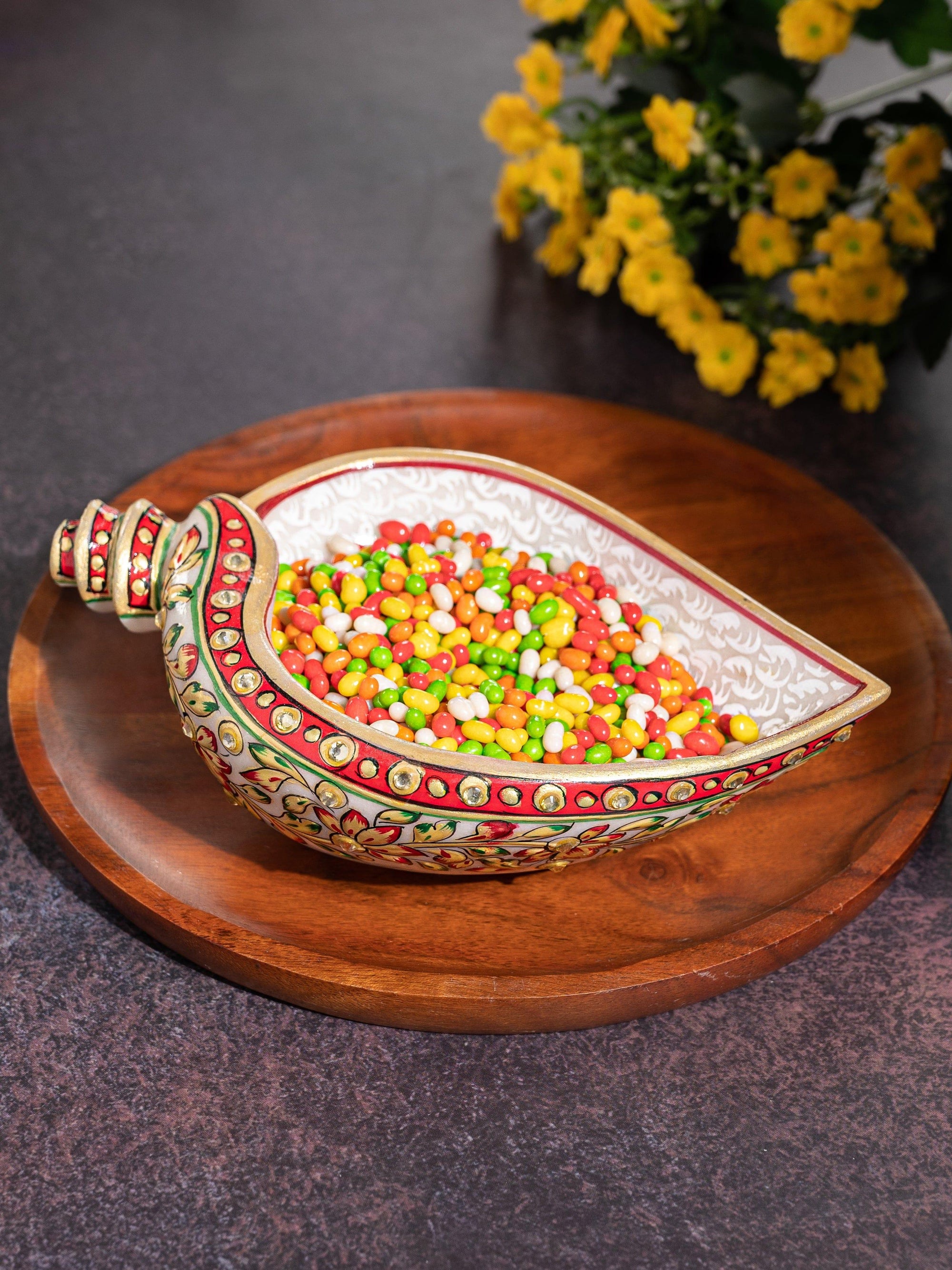 Meenakari Design Multipurpose Marble Shankh Urli / Bowl - The Heritage Artifacts