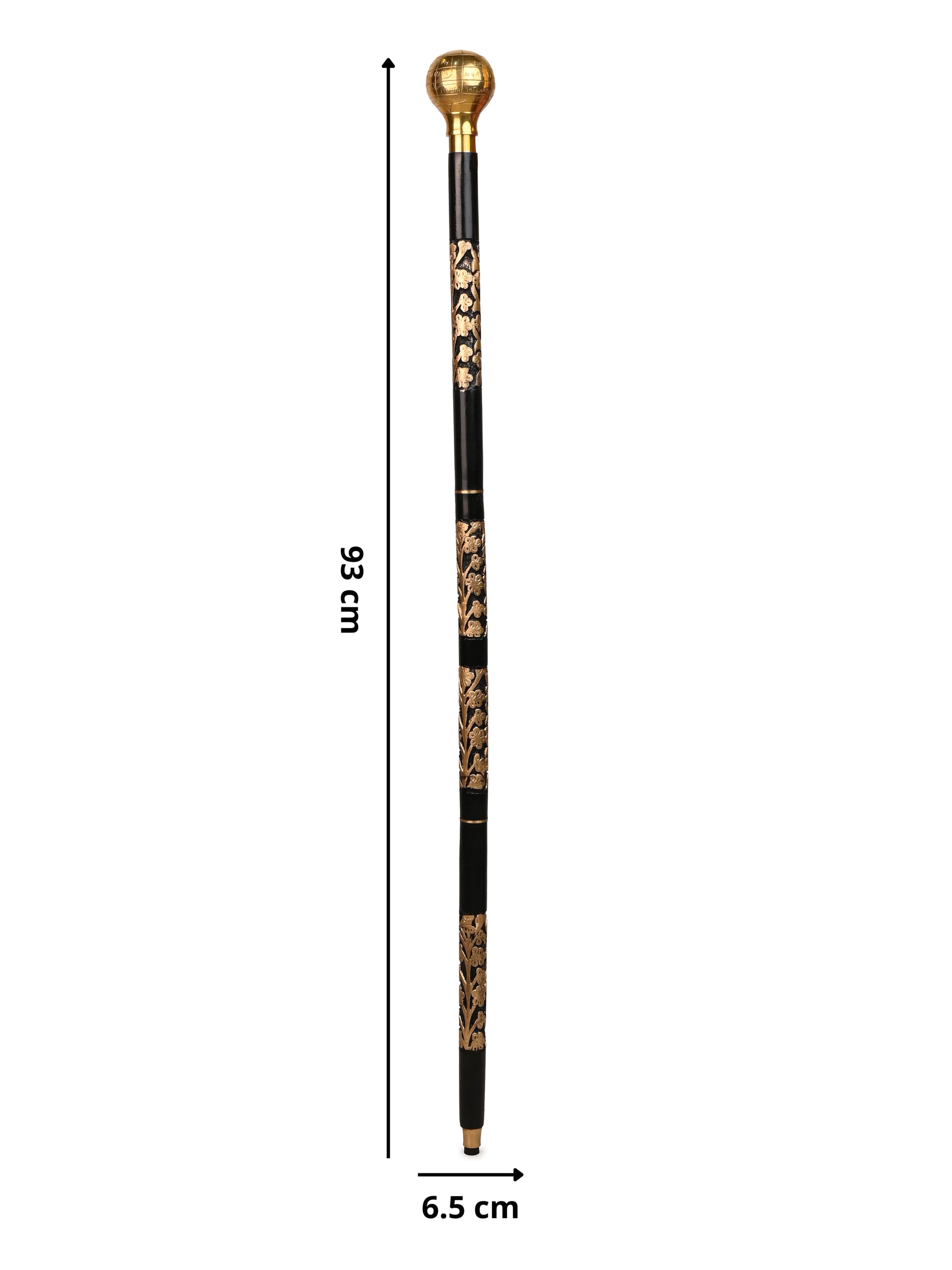 Sheesham wood crafted golden globe handle black body carved foldable walking stick / cane